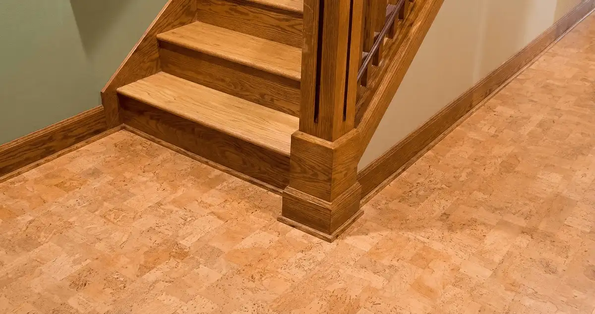 End of a staircase with cork flooring in Raleigh, NC