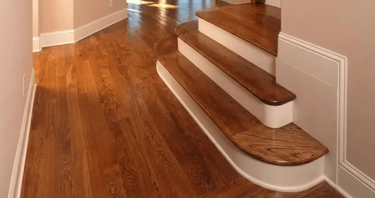 Base floor of a staircase with professionally restored wood flooring in Raleigh NC