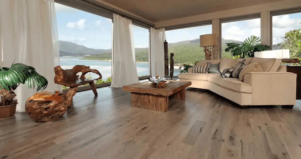 Professionally installed vinyl flooring in a modern living room with large windows in Raleigh, NC